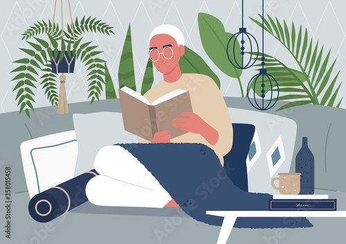Young male character reading a book, cozy interior, tropical plants, pillows and boho style decorative elements, interior design