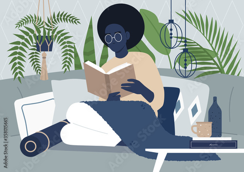 Young black female character reading a book, cozy interior, tropical plants, pillows and boho style decorative elements, interior design