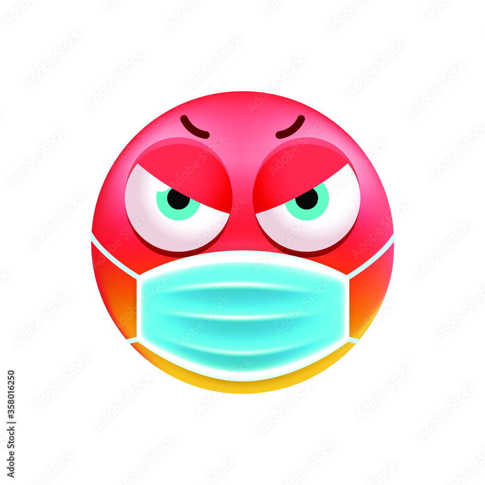 Fototapeta premium Cute Angry Emoticon with Face Mask on White Background. Isolated Vector Illustration 