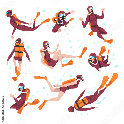 Set of Divers in Wetsuit, Mask and Flippers Diving in the Sea, Summer Water Sport, Extreme Hobby Cartoon Style Vector Illustration