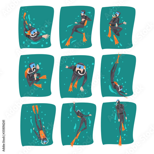 Professional Underwater Scuba Divers Set, Diver in Wetsuit, Snorkel, Mask and Flippers Swimming in the Sea, Extreme Water Sport Cartoon Style Vector Illustratio