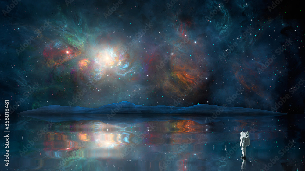 Space background. Astronaut stand on reflection surface with distant mountain and colorful nebula. Elements furnished by NASA. 3D rendering