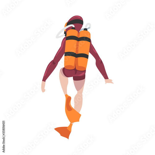 Back View of Diver in Wetsuit, Mask and Flippers Diving in the Sea, Summer Water Sport, Extreme Hobby Cartoon Style Vector Illustration