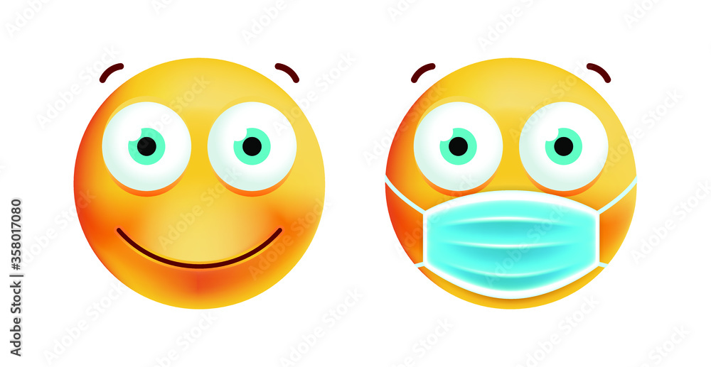 Cute Happy Emoticon with Face Mask on White Background. Isolated Vector Illustration Cute Happy Emoticon with Face Mask on White Background. Isolated Vector Illustration