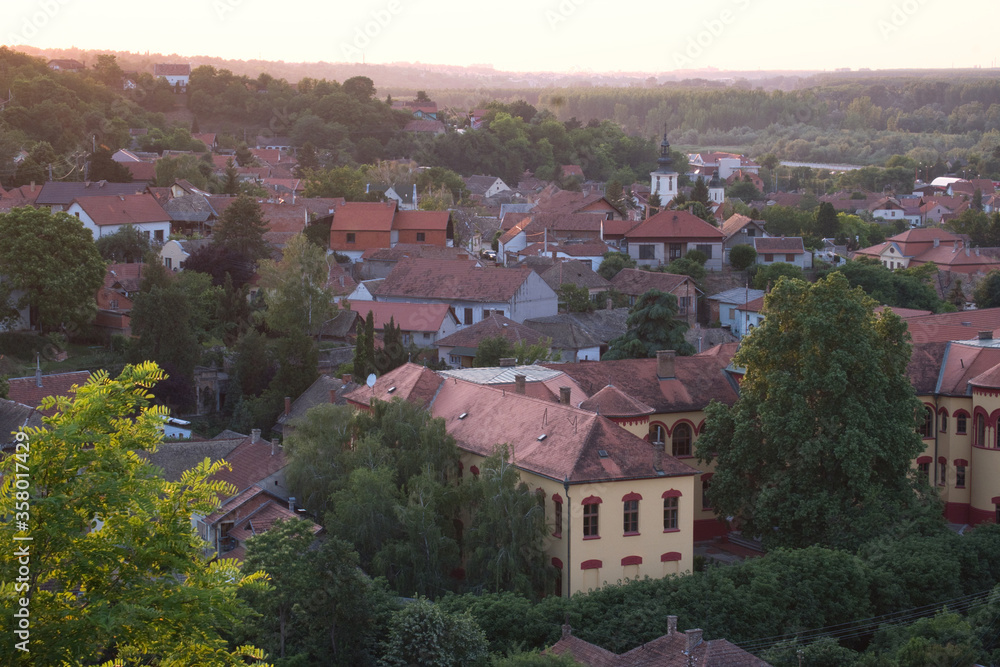 Panorama of historic town Sremski Karlovci, the delta of Danube river on the beautiful summer sunset in Serbia