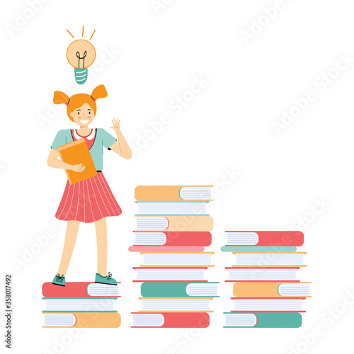 Concept of home and school education. Smart schoolgirl stands among stacks of textbooks. Student holds a book in his hands and makes progress in his studies. New knowledge and ideas. Back to school.