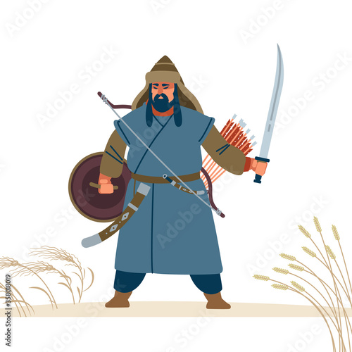 Mongol warrior character. Medieval battle illustration. Historical illustration. Isolated vector flat illustration.