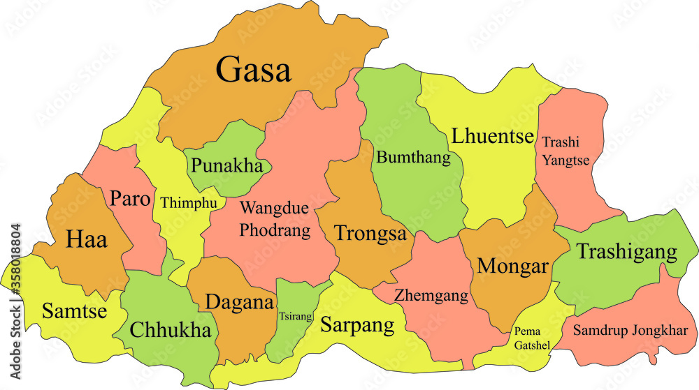 Fototapeta premium Pastel Colored Labeled Districts Map of Asian Country of Bhutan
