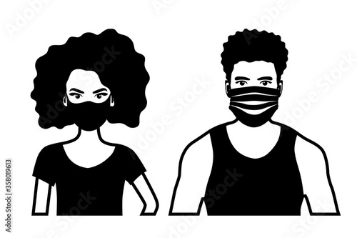 Set of black and white front view vector icons of an african american man and a woman  wearing protective face mask - covid-19 safety measures, covering face to prevent spread of the virus