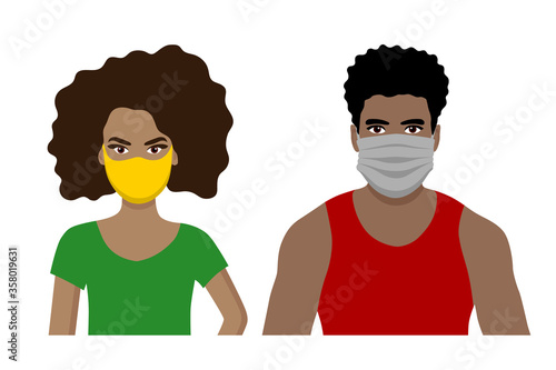Front view cartoon vector set of an african american man and a woman wearing protective face mask - covid-19 safety measures, restriction, covering face to prevent spread of the virus
