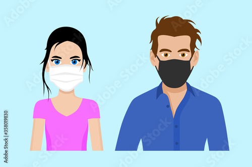 Set of cartoon front view vector of a man and a woman wearing protective face mask - covid-19 safety measures, restriction, covering face to prevent spread of the virus
