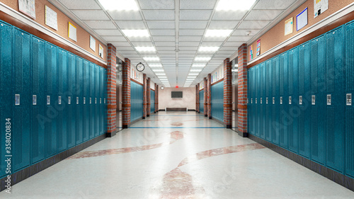 Billede på lærred School corridor with lockers. 3d illustration