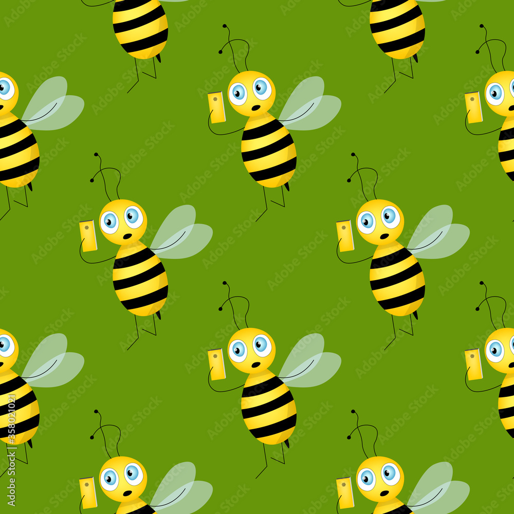 Seamless pattern with bees on green background. Small wasp. Vector illustration. Adorable cartoon character. Design for invitation, cards, textile, fabric. Bee with yellow mobile phone.