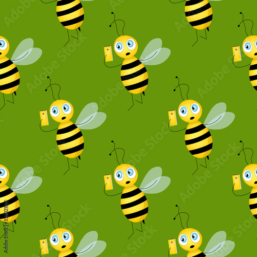 Seamless pattern with bees on green background. Small wasp. Vector illustration. Adorable cartoon character. Design for invitation, cards, textile, fabric. Bee with yellow mobile phone. © Alla