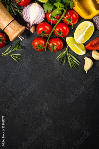 Food cooking background on black table.