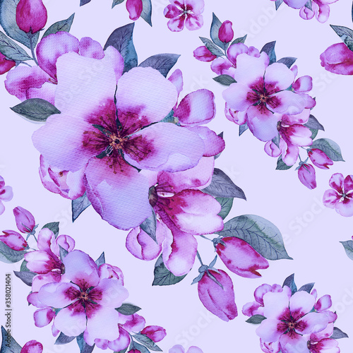 Watercolor violet blossom flowers seamless pattern background.