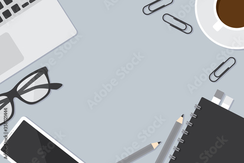Top view image of workspace with office supplies including notebook, laptop computer, smartphone and stationery. Business concept. Flat design vector illustration.