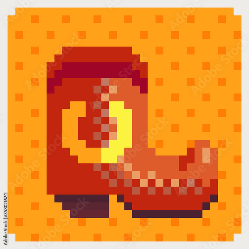 Cowboy boot. Pixel art icon. 8-bit. Sticker design. Game assets. Isolated vector illustration.