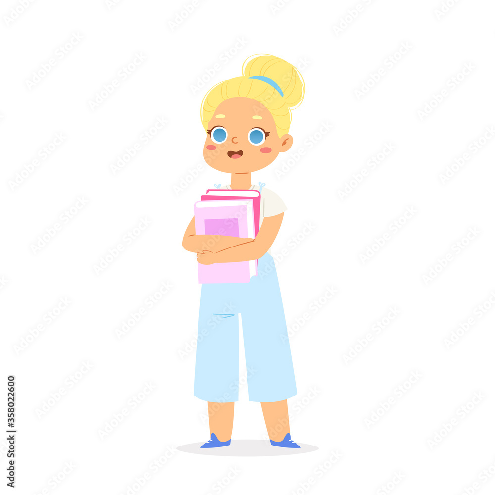 Cartoon reading kid standing with book on her hands. European smiling girl loving to read books, enjoying literature and study. Cute little smart pupil isolated on white background vector illustration