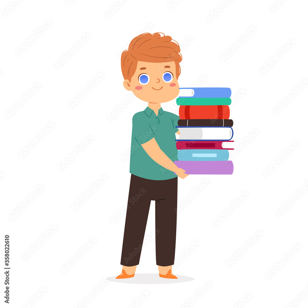 Cartoon reading kid standing with book on his hands. European smiling boy loving to read books, enjoying literature and study. Cute little smart pupil isolated on white background. Vector illustration