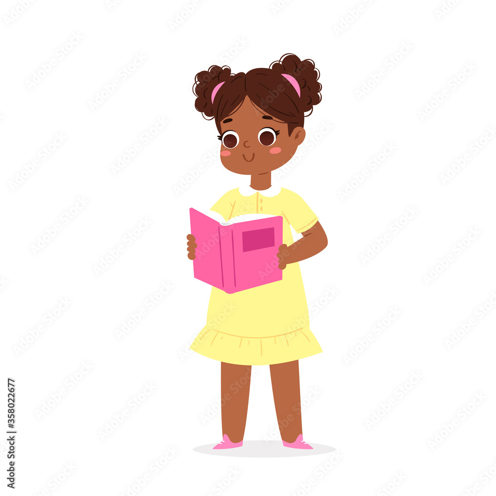 Cartoon reading kid standing with book on her hands. African smiling girl loving to read books, enjoying literature and study. Cute little smart pupil isolated on white background vector illustration Cartoon reading kid standing with book on her hands. African smiling girl loving to read books, enjoying literature and study. Cute little smart pupil isolated on white background vector illustration