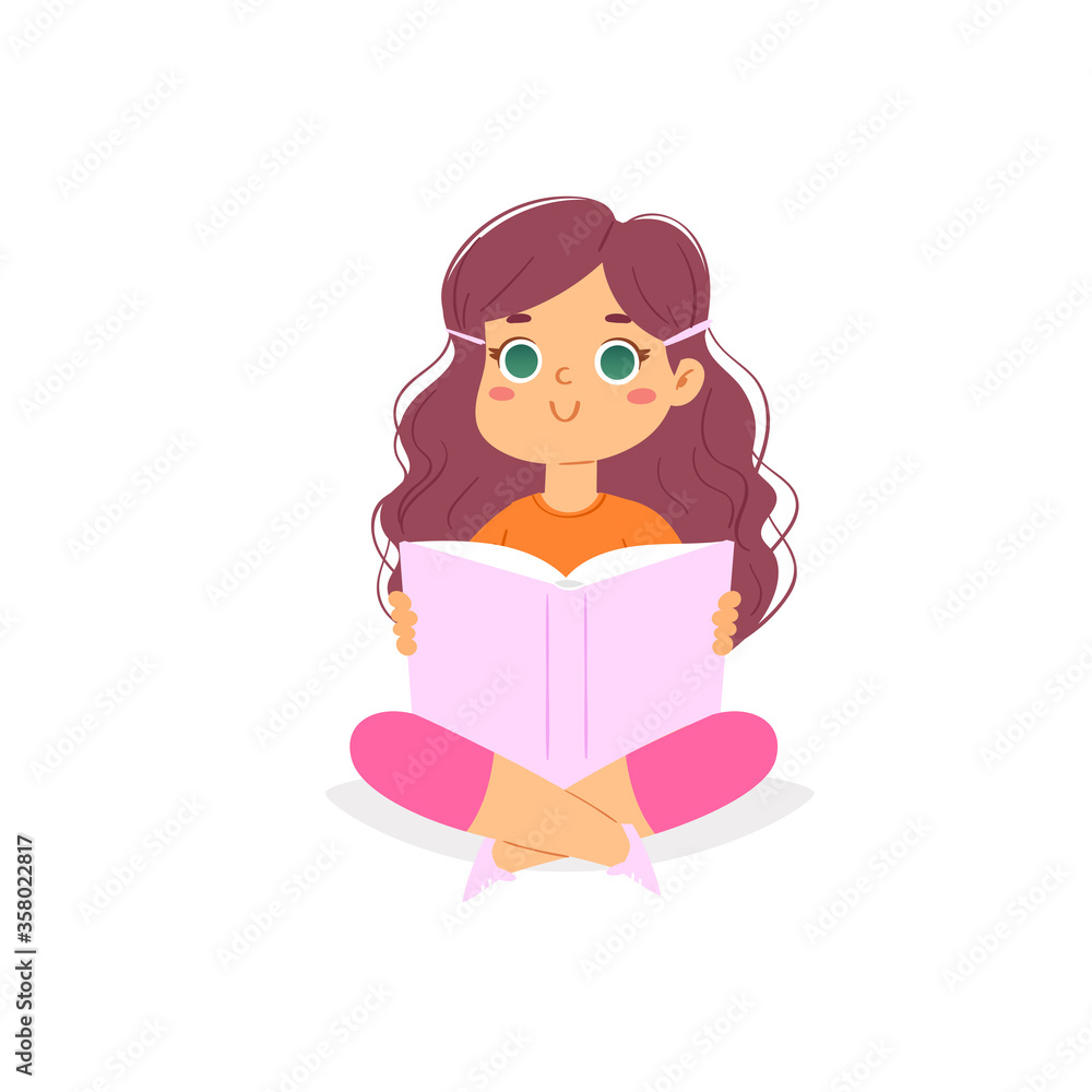 Cartoon reading kid sitting with book on her hands. European smiling girl loving to read books, enjoying literature and study. Cute little smart pupil isolated on white background vector illustration Cartoon reading kid sitting with book on her hands. European smiling girl loving to read books, enjoying literature and study. Cute little smart pupil isolated on white background vector illustration