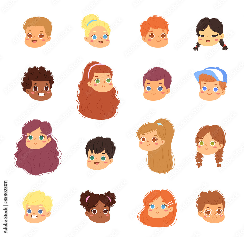 Big bundle set of different multinational children faces. Happy cute boy and girl avatars. Vector illustration of teenagers or pupil kids heads isolated on white background, pic icons for online game Big bundle set of different multinational children faces. Happy cute boy and girl avatars. Vector illustration of teenagers or pupil kids heads isolated on white background, pic icons for online game