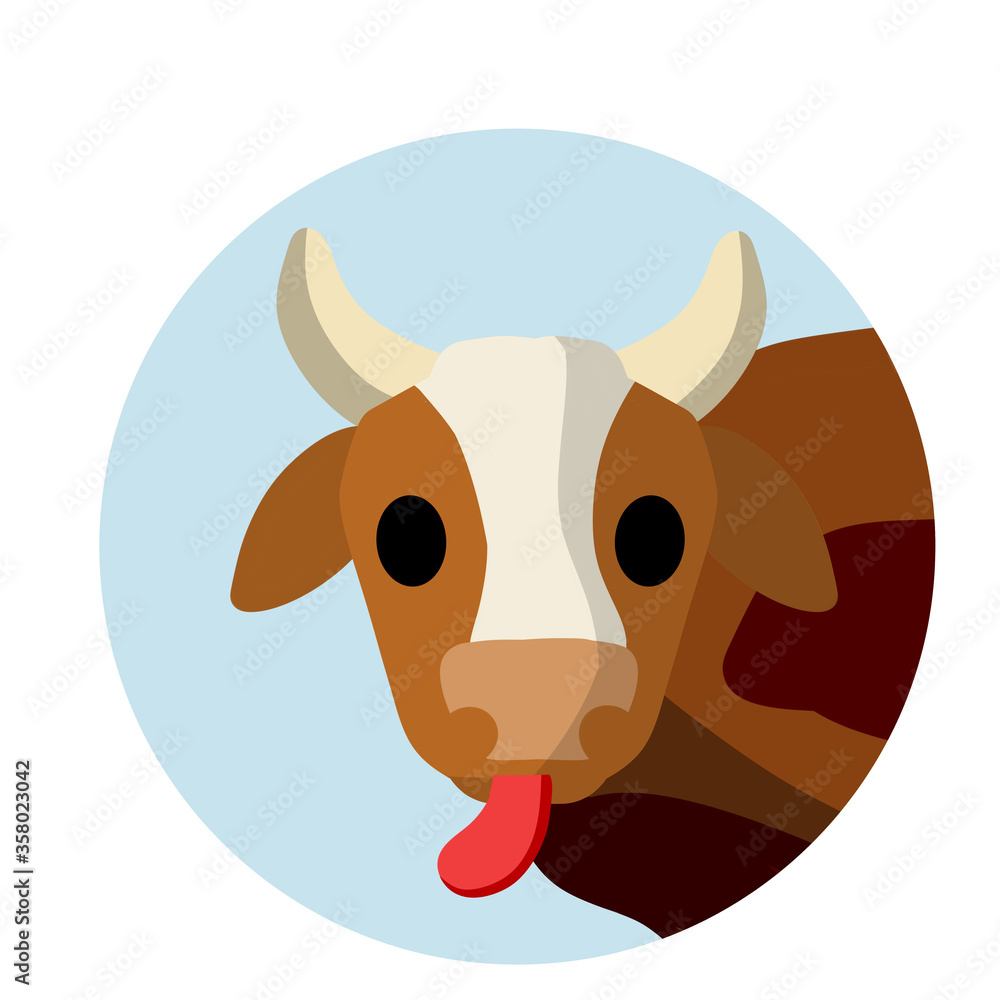 Cow. Head of horned animal. Icon of Cattle and farm. Funny brown bull. Village element. Countryside logo. Cartoon flat illustration Cow. Head of horned animal. Icon of Cattle and farm. Funny brown bull. Village element. Countryside logo. Cartoon flat illustration