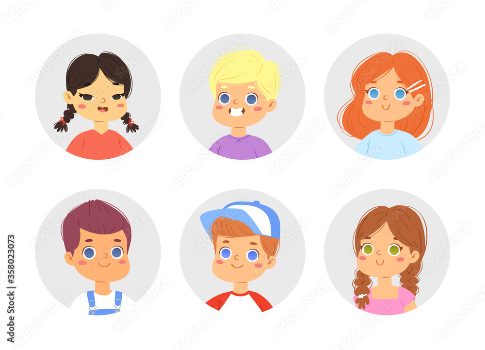 Big bundle set of different multinational children faces. Happy cute boy and girl avatars. Vector illustration of teenagers or pupil kids heads isolated on white background, pic icons for online game Big bundle set of different multinational children faces. Happy cute boy and girl avatars. Vector illustration of teenagers or pupil kids heads isolated on white background, pic icons for online game