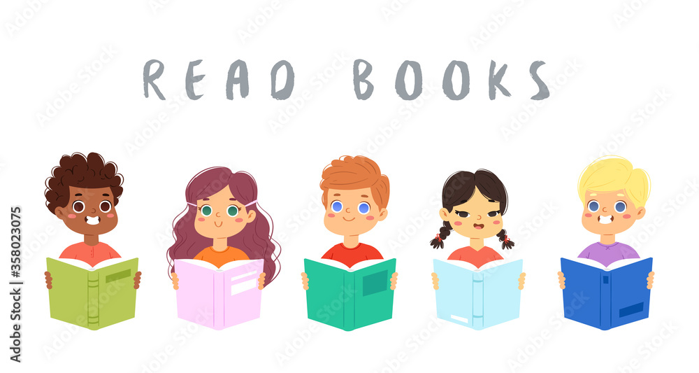 Cartoon set of reading children. Collection of multinational boys and girls loving to read books, enjoying literature and study. Bundle of cute little smart kids isolated on white. Vector illustration