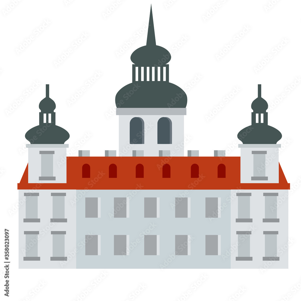 Old Medieval University. Building in Baroque style. House of monastic order. Historic centre. Jesuit College. Tower, Palace and castle. Flat European architecture