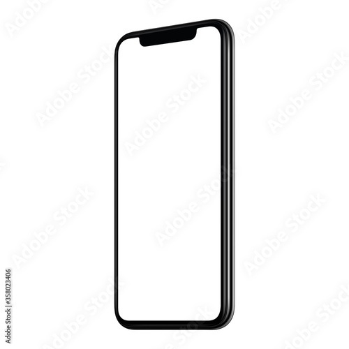 Smartphone mockup. New modern black frameless angled clockwise smartphone mockup with white screen. Isolated on white background. Smartphone frameless design concept.