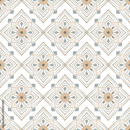 Geometric seamless tiles vector pattern. Mediterranean seamless gray design. Portuguese or spanish retro old mosaic tiles. Decorative textile background.