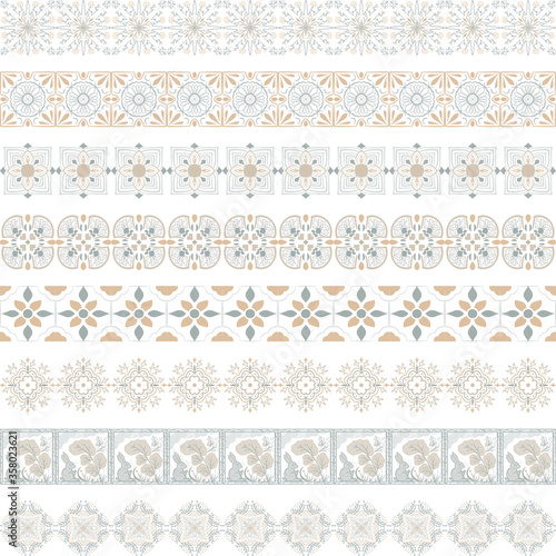Design elements and page decoration. Vector set of color mosaic tile borders. Antique ceramic decor design.  Mediterranean gray, beige and natura decor. Portuguese or spanish retro old mosaic tiles. G
