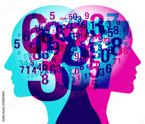 A male and female side silhouette positioned back to back, overlaid with various sized semi-transparent numbers. 