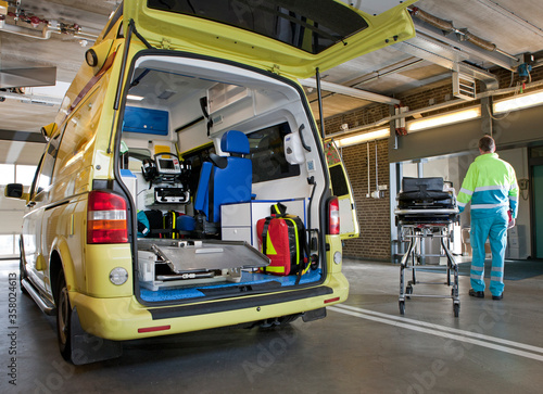 Ambulance arriving at hospital. Netherlands. Ambulance transport. First aid. Netherlands.