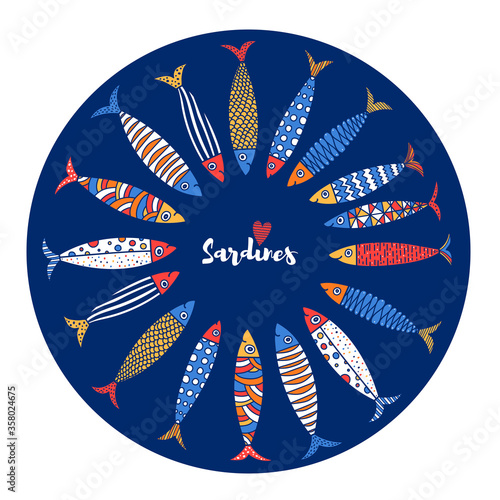 Lovely sardines. Postcard with  fish.