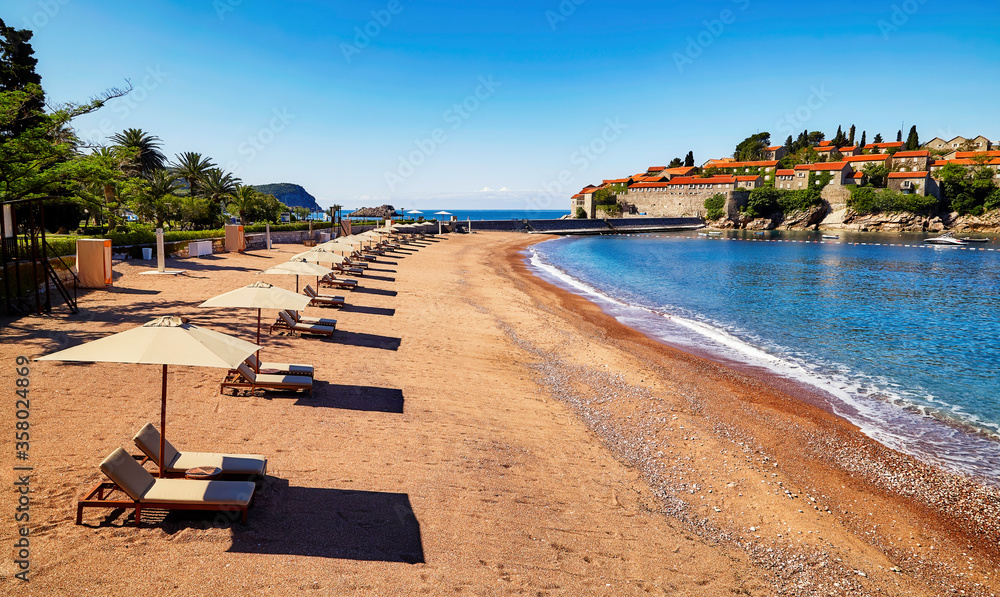 Montenegro Sveti Stefan beach luxury island coast tourism seascape luxury vacation resort summer coastline bay Ardriatic sea mediterranean landmark