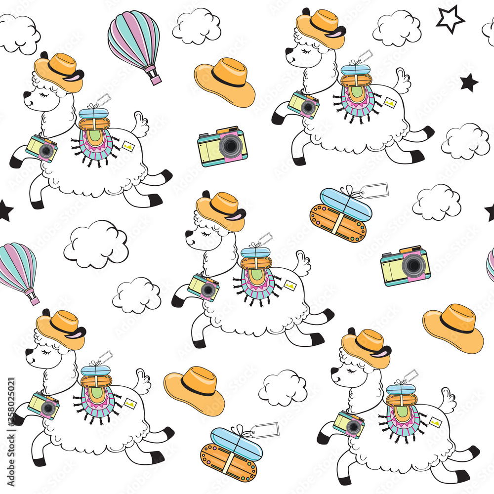 Fototapeta premium Cute llama on a white background. Travel concept seamless pattern