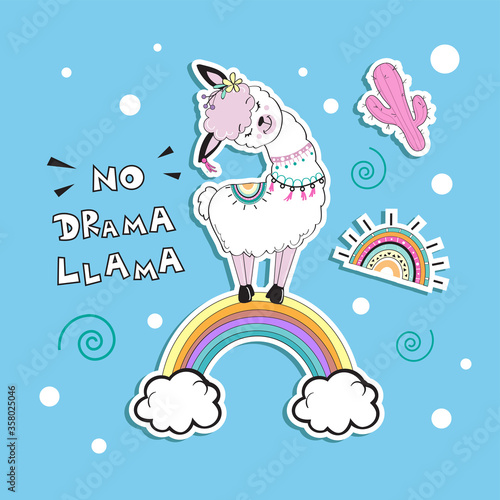Cute llama on the rainbow and the inscription no drama llama on a blue background