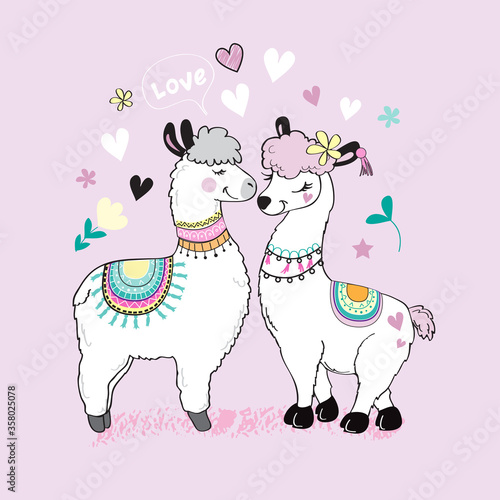 Cute two llamas, hearts and the inscription love on a pink background