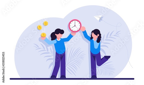 Concept of time or money, work-life balance. Woman resolving dilemma. Making decision or choosing between two options or alternatives, clock and dollar coins. Modern flat illustration.