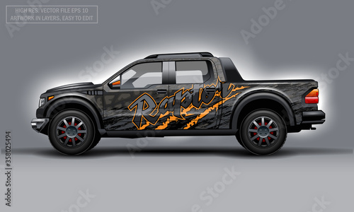 Editable template for wrap SUV with Raptor text and scratches decal. Hi-res vector graphics.