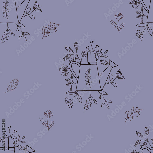 Vector image pattern of watering cans and primitive flowers