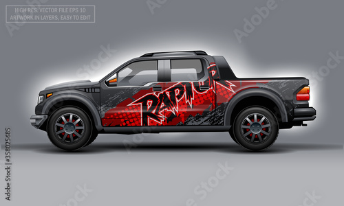 Editable template for wrap SUV with abstract Raptor text decal. Hi-res vector graphics.