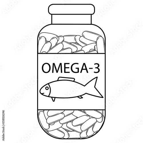 Fish oil. Outline bottle with fish oil capsules. Omega 3 vitamin capsules. Bottle with Omega 3 tablets in outline style. Vector