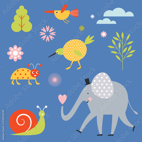 Set of vector characters. Chsildish style illustrations. Cute elephant  snail  birds.