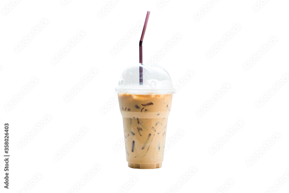 Iced coffee in plastic cup isolated on white background. Cold espresso ...