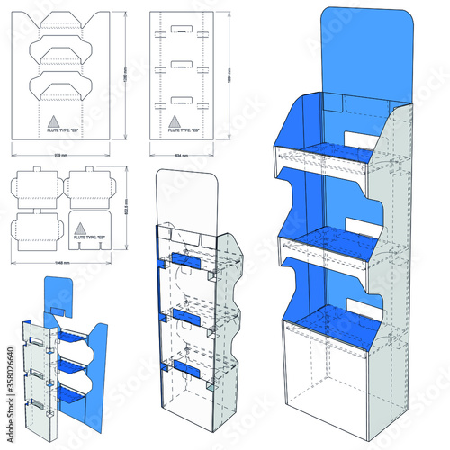Counter display stand and Die-cut Pattern. The .eps file is full scale and fully functional. Prepared for real cardboard production.