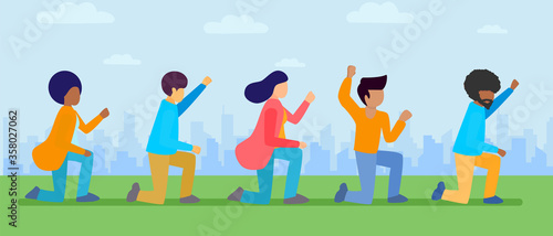 Black Lives Matter protesters kneeling on grass and hold up hand on cityscape background. Peaceful protest to support protest against racism and police brutality. Group people crowd different race.